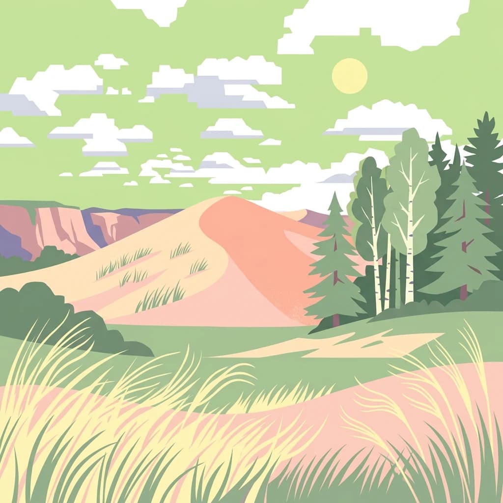 Sand dunes with grasses, trees, and a sunny sky