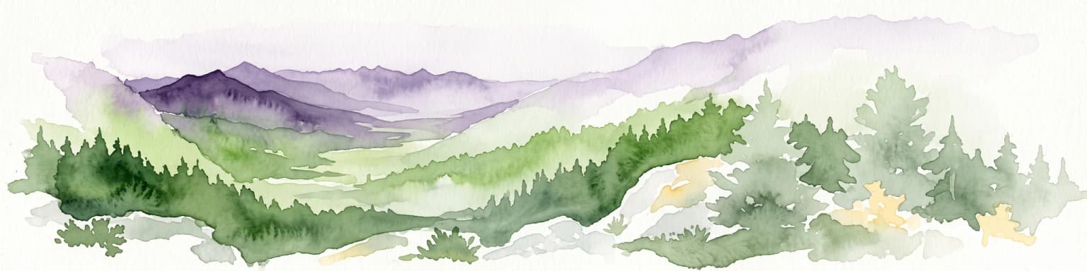 Una pintura en acuarela que muestra una vista panorámica de cadenas montañosas onduladas y densos bosques de coníferas con una estética suave y brumosa.
