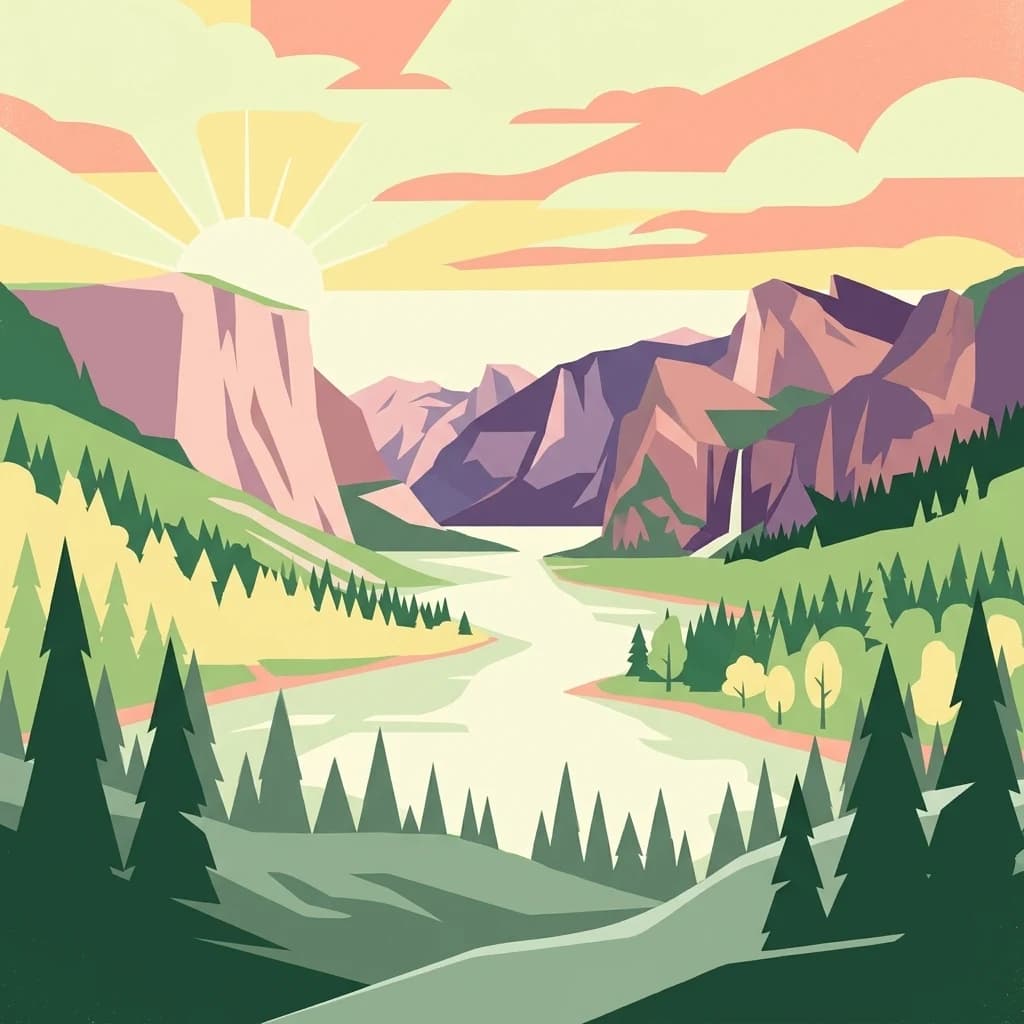 Illustration depicting a mountainous river valley with forests, a waterfall, and a sunset