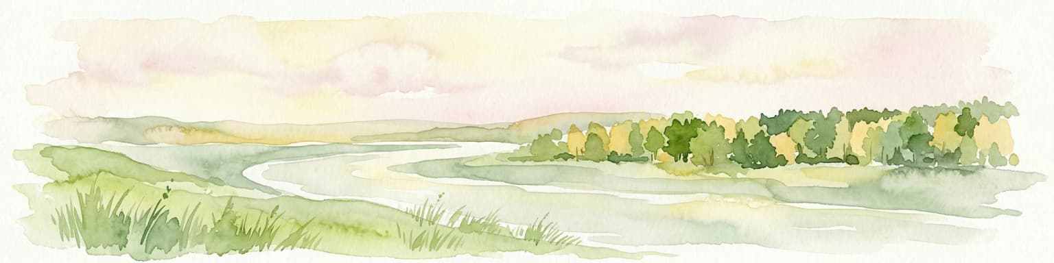 Watercolor painting showing a river flowing through a grassy field with trees and hills in the background