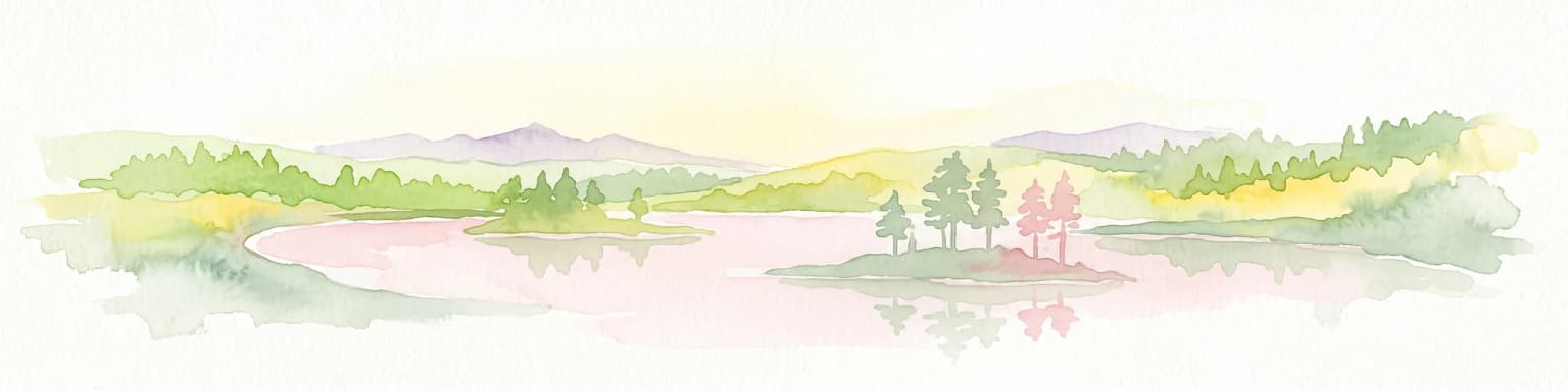 Acuarela de un lago con islas cubiertas de pinos y colinas onduladas al fondo.