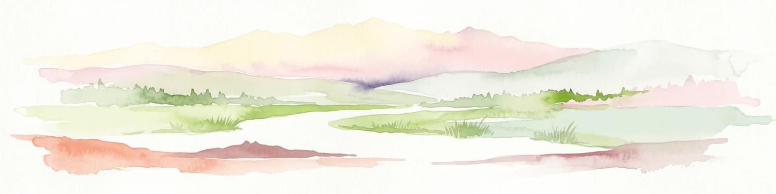 Watercolor illustration showing a mountainous landscape with green valleys and a river, rendered in soft pink and green hues