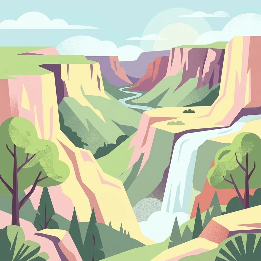 Una ilustración digital estilizada de un desfiladero profundo con acantilados rocosos escarpados, un río que fluye, una cascada y árboles en primer plano.