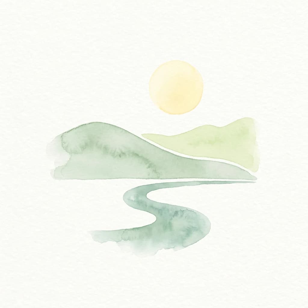 Watercolor painting of a winding river flowing through green hills under a yellow sun