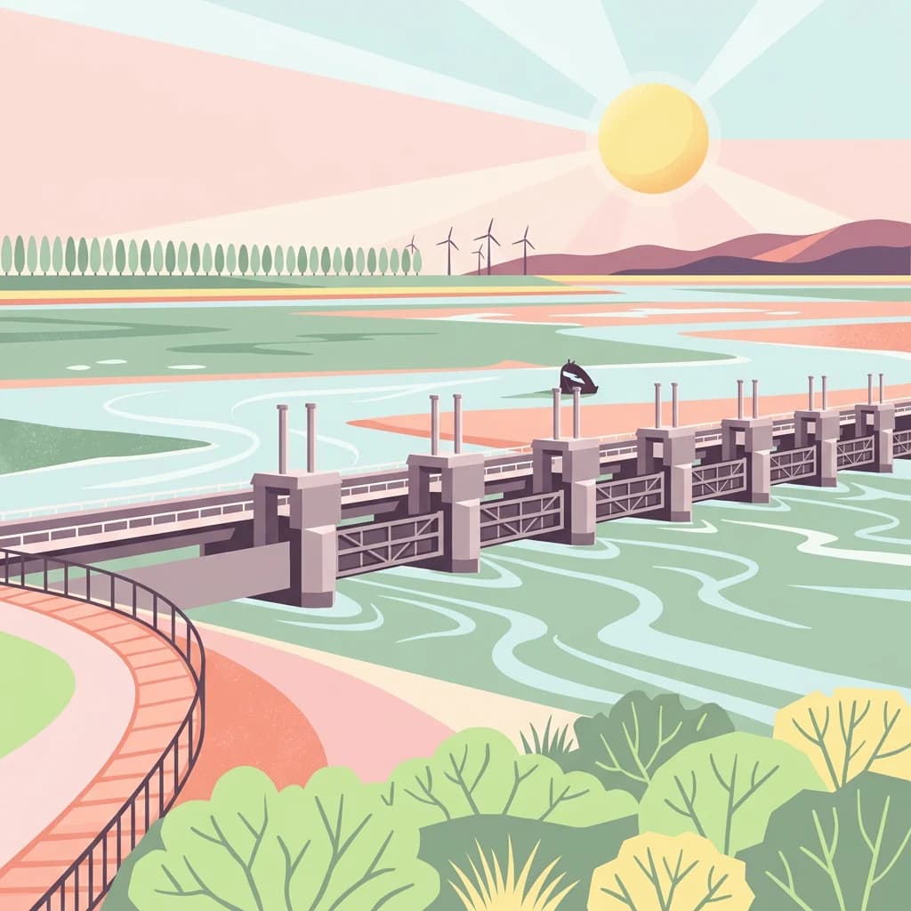 Illustration of a dam structure with flowing water, wind turbines in the distance, and a sun in the sky