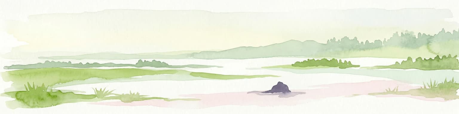 Watercolor illustration of a coastal landscape with marshy areas, calm water, and distant hills