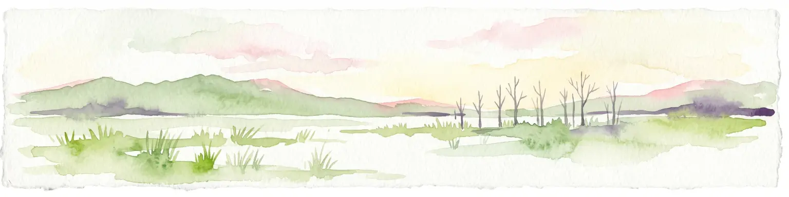 Una pintura horizontal en acuarela que representa un paisaje de humedal con un primer plano herbáceo, árboles esqueléticos desnudos y colinas verdes onduladas bajo un cielo suave y pálido.