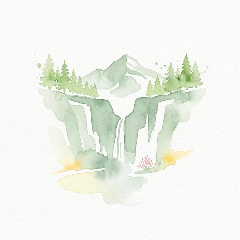 Watercolor illustration of a mountain landscape with waterfalls, green trees, and a river