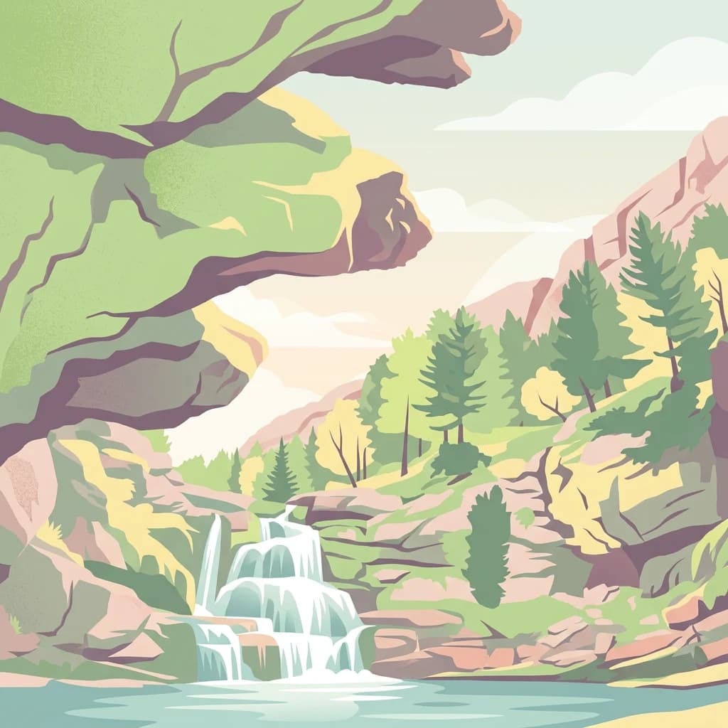 Illustrated waterfall cascading into a lake, surrounded by rocky cliffs and green trees under a partly cloudy sky