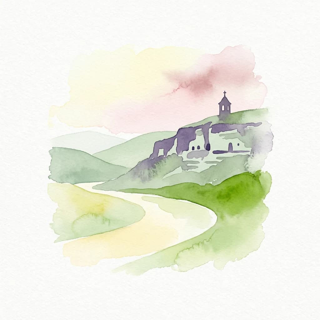 Watercolor illustration of a winding river through green hills with a church on a hill