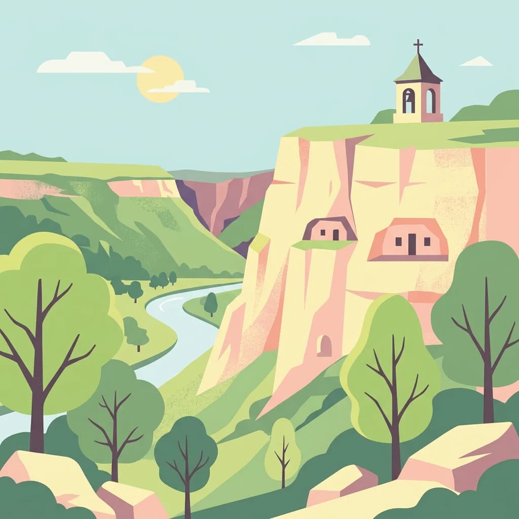 Illustration of a river valley with a cliffside featuring a church on top, cave-like structures, and surrounding greenery