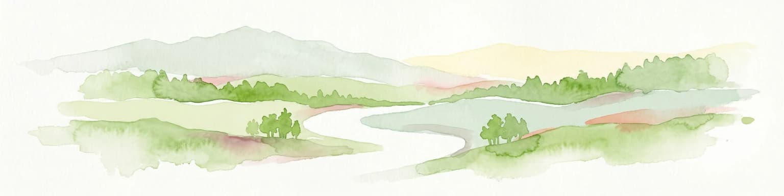 Watercolor illustration of a winding river through a landscape with hills and trees