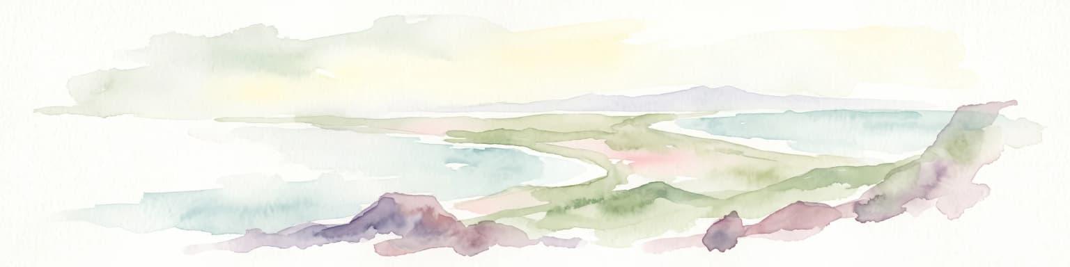 A soft watercolor illustration of a coastal landscape with rocky terrain in the foreground and a calm bay in the distance.