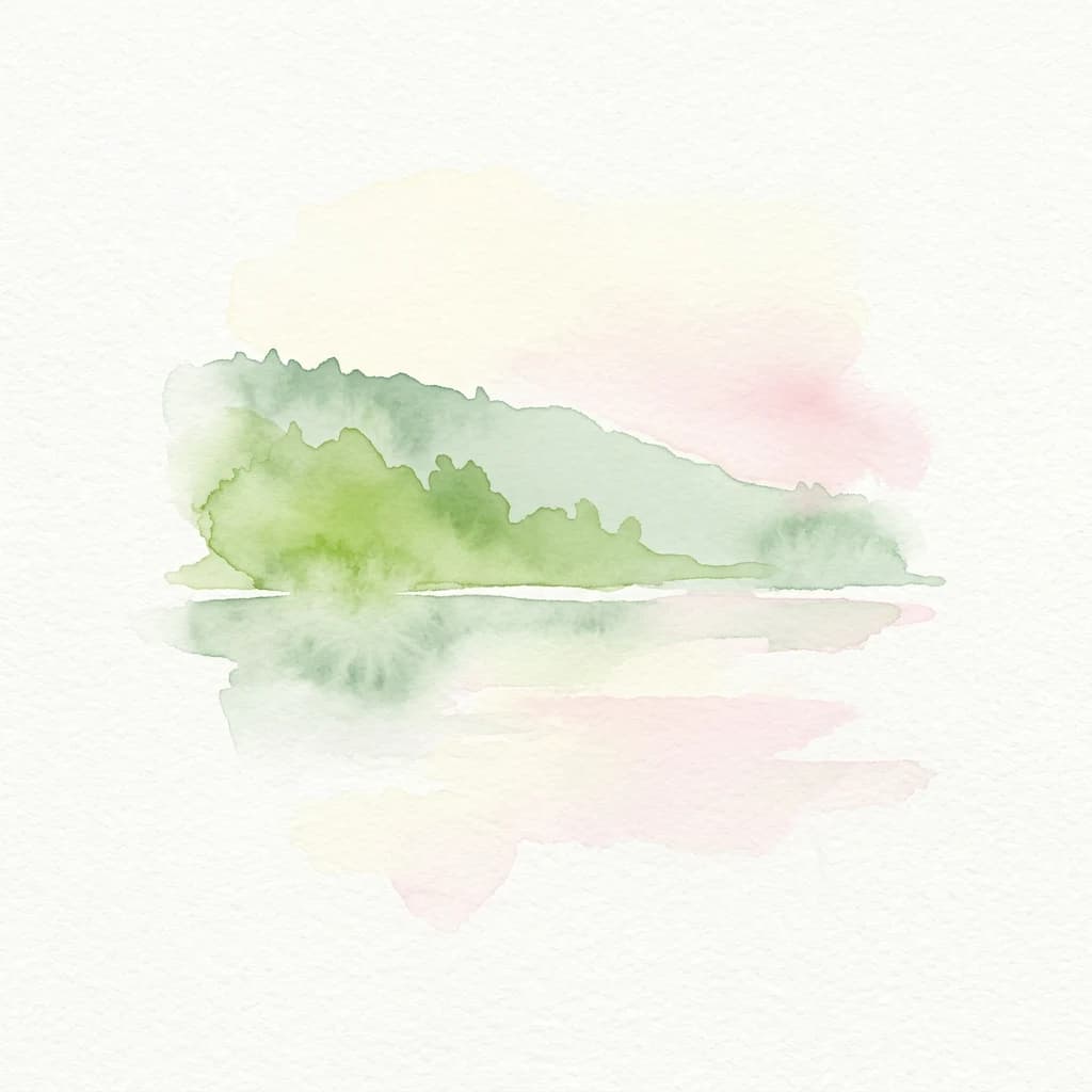 Watercolor illustration showing green hills and their reflection in water with pink and yellow sky
