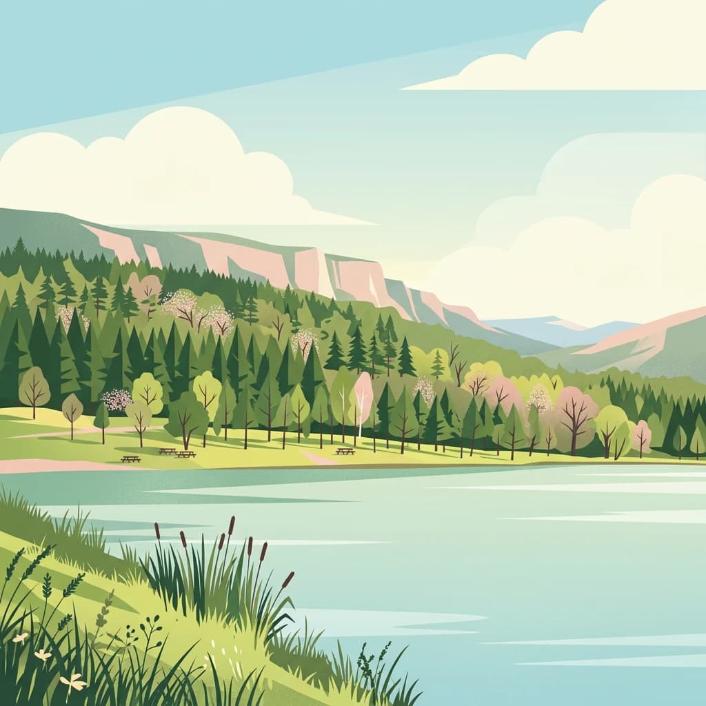 Illustration of a lake bordered by grassy shore with reeds, forested hills, and mountains in the background