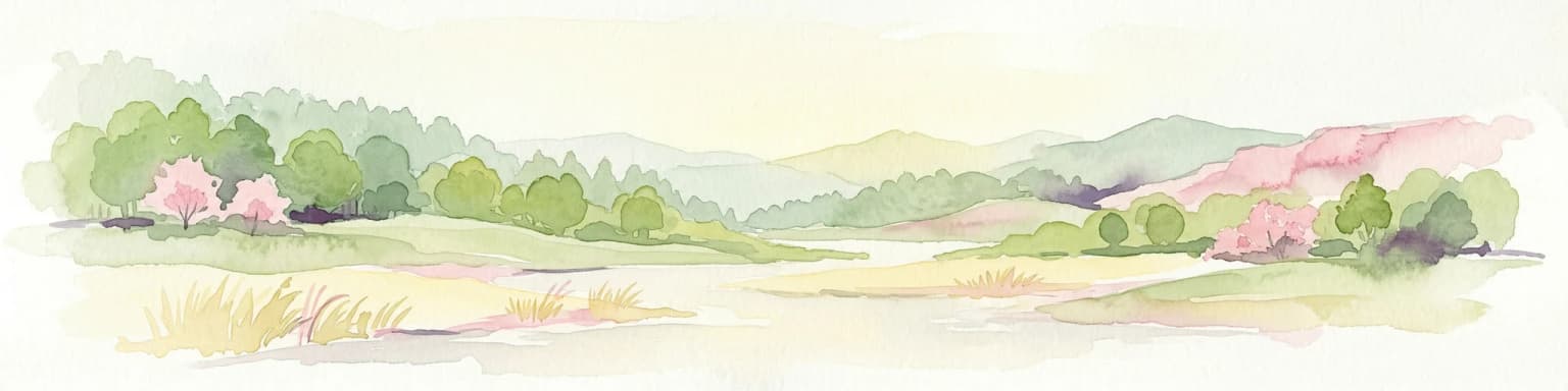 Watercolor illustration of green fields, trees, and distant hills