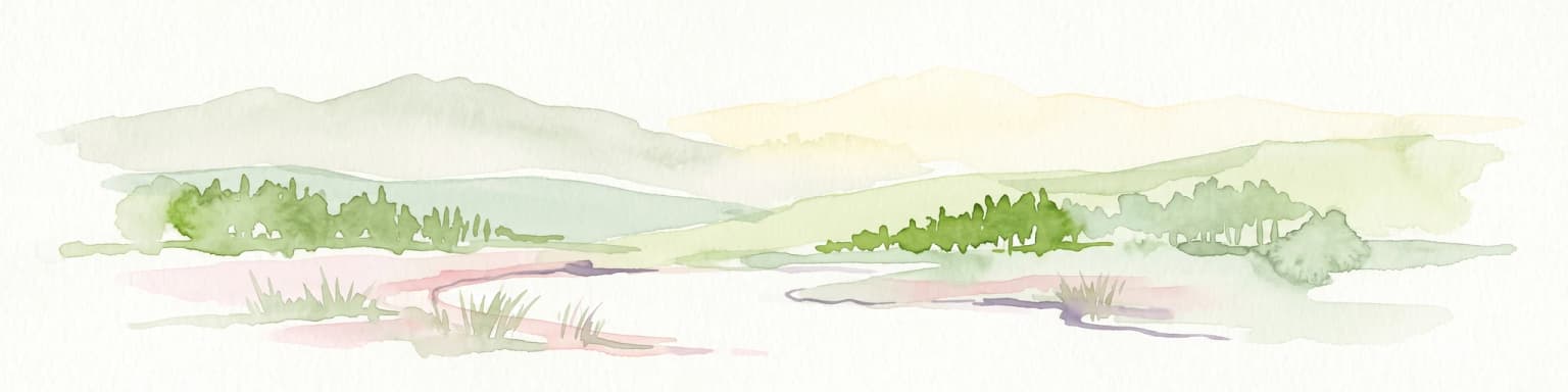 A soft watercolor painting of gentle, rolling hills and scattered trees under a light sky.