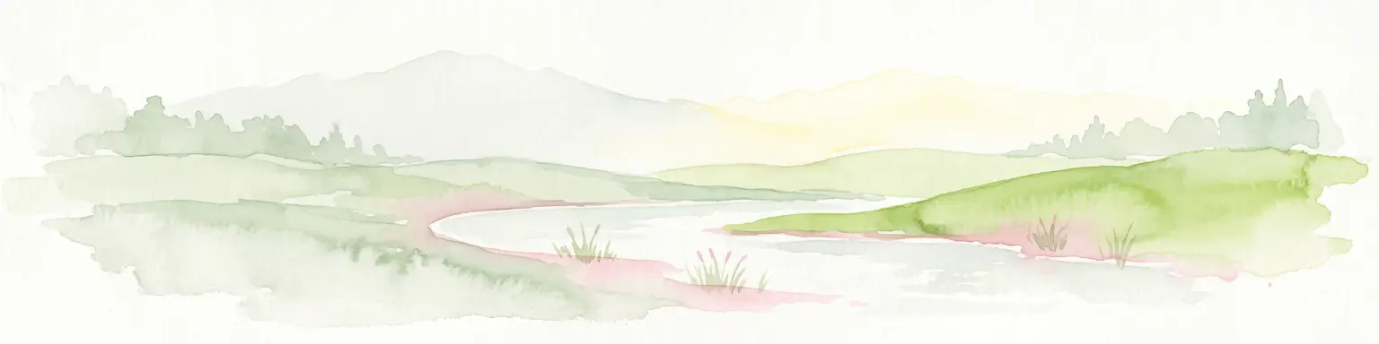 A pale, minimalist watercolor painting of a landscape with soft green hills, distant faded mountains, and a small, calm pool of water in the foreground.