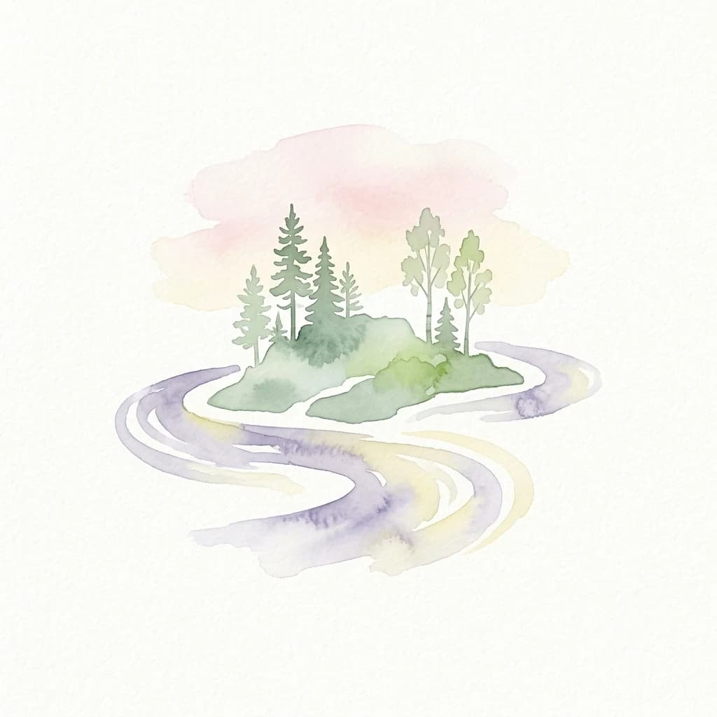 Ilustración en acuarela de un río sinuoso que fluye junto a una pequeña isla con árboles de coníferas y caducifolios bajo un cielo suave de color rosa y amarillo.
