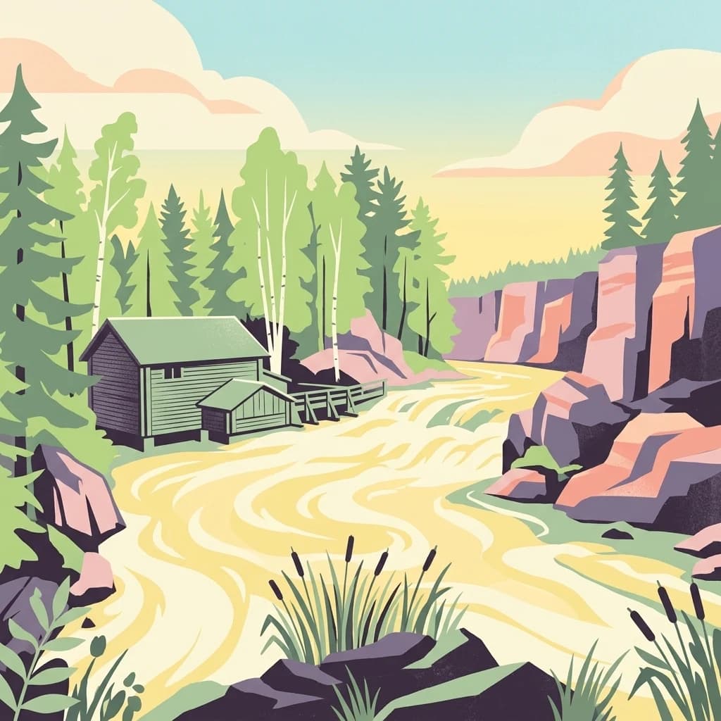 Illustration showing a river flowing through a forested landscape with a wooden cabin, rocky cliffs, and tall trees under a clear sky