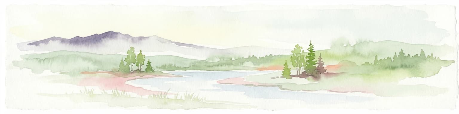 Watercolor illustration of a river flowing through a forested landscape with mountains in the background