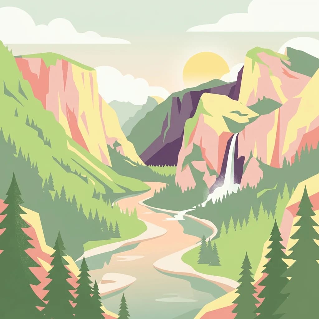 Illustration of a mountain gorge with a winding river, waterfall, and forested cliffs