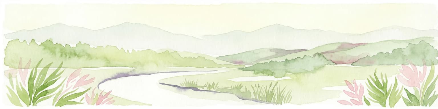 Watercolor illustration of a river flowing through a valley with mountains, greenery, and pink flowers