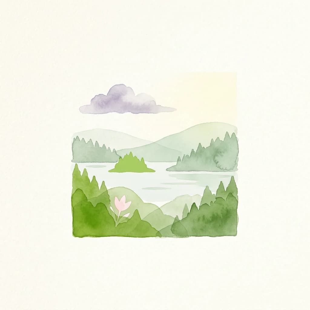 Watercolor painting of a lake surrounded by green forests and hills under a cloudy sky