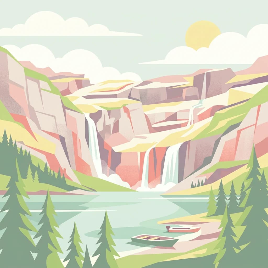 Stylized illustration of rocky cliffs with waterfalls, a lake, evergreen trees, and a small boat on the shore