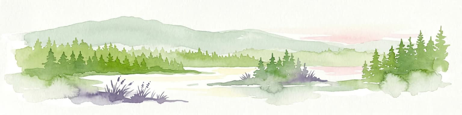 Watercolor illustration of a landscape with lake, trees, and hills