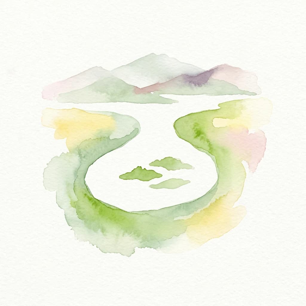 Watercolor illustration showing mountains in the background, a lake or body of water in the middle, and landmasses within the water