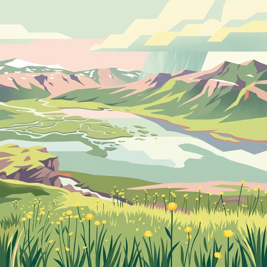 Illustration showing mountainous terrain with green fields, lakes, and a river under a partly cloudy sky