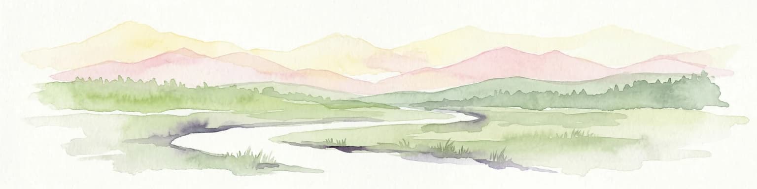 Watercolor illustration of a winding river through a green landscape with distant mountains
