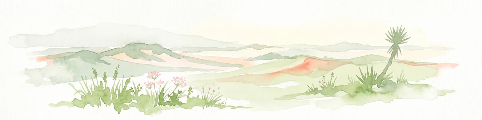 A soft, watercolor-style illustration of a landscape with rolling dunes, sparse grasses, and a lone yucca plant.