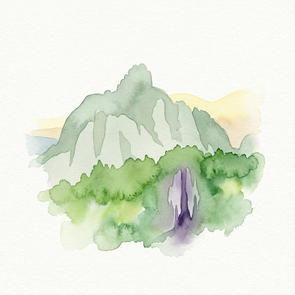 Watercolor painting of green mountains with a canyon and trees