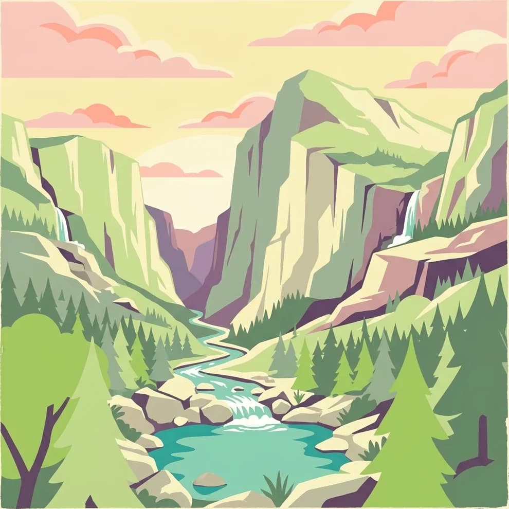 Stylized illustration of a mountain canyon with a river, waterfalls, pine trees, and rocky cliffs under a pastel sky
