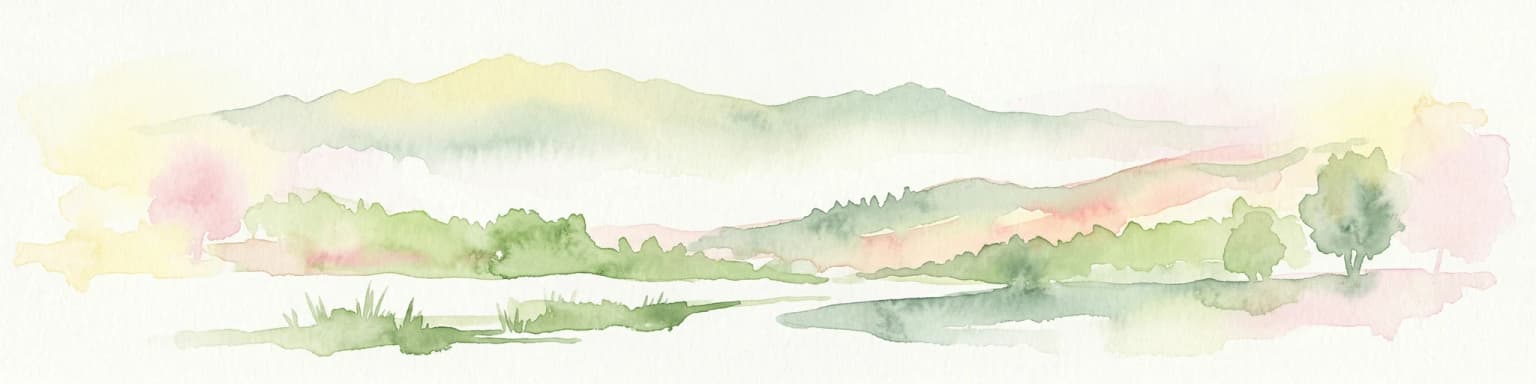 Watercolor illustration of a mountain landscape with trees and water