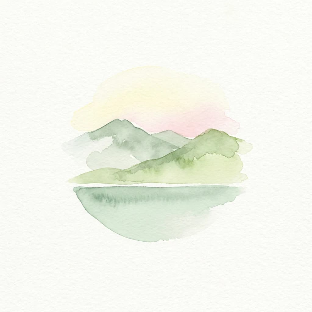 Watercolor illustration of mountains, lake, and sky with green, blue, and pink hues