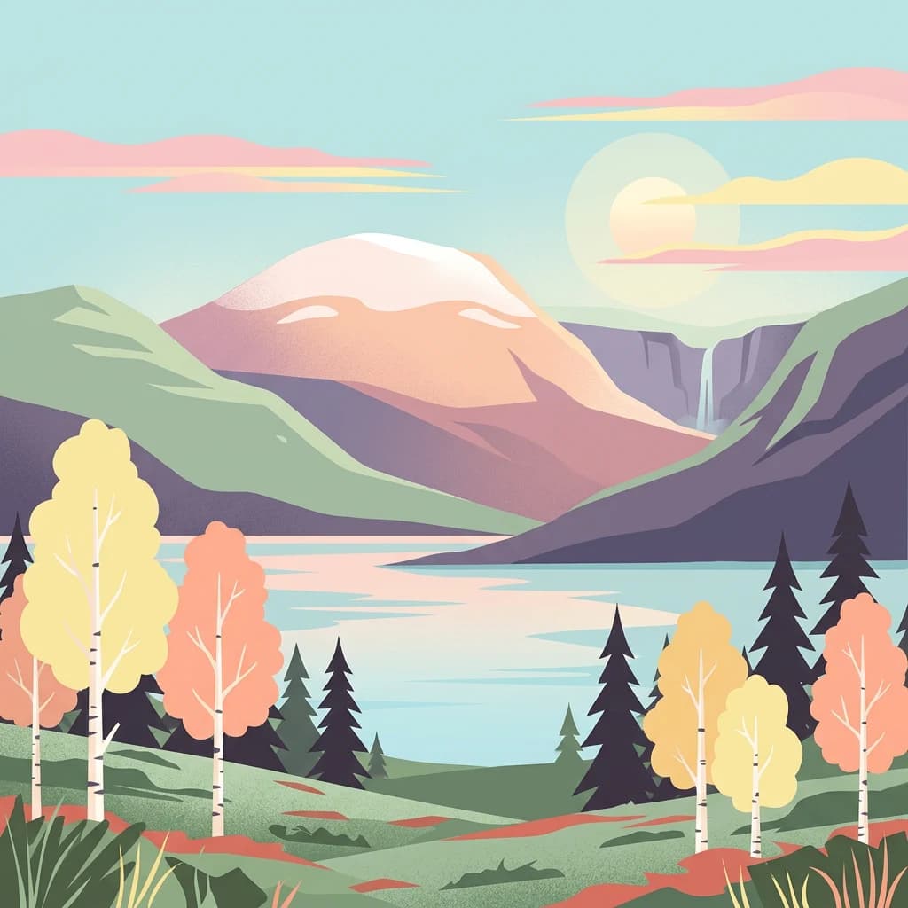 Stylized illustration of a mountain with snow, a lake, autumn-colored trees, and a waterfall in the background