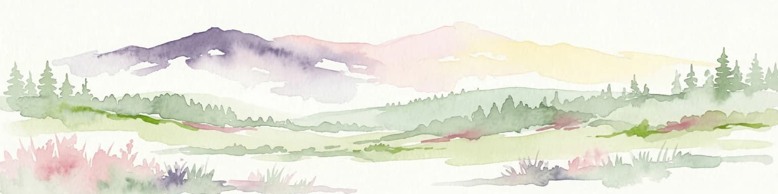 Watercolor painting showing rolling hills, forests, and distant mountains under a soft sky