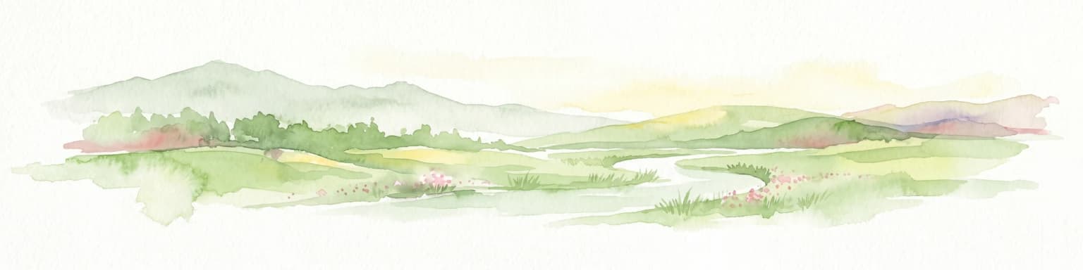 Ilustración en acuarela de colinas verdes onduladas, un río sinuoso y montañas distantes con árboles y zonas de hierba