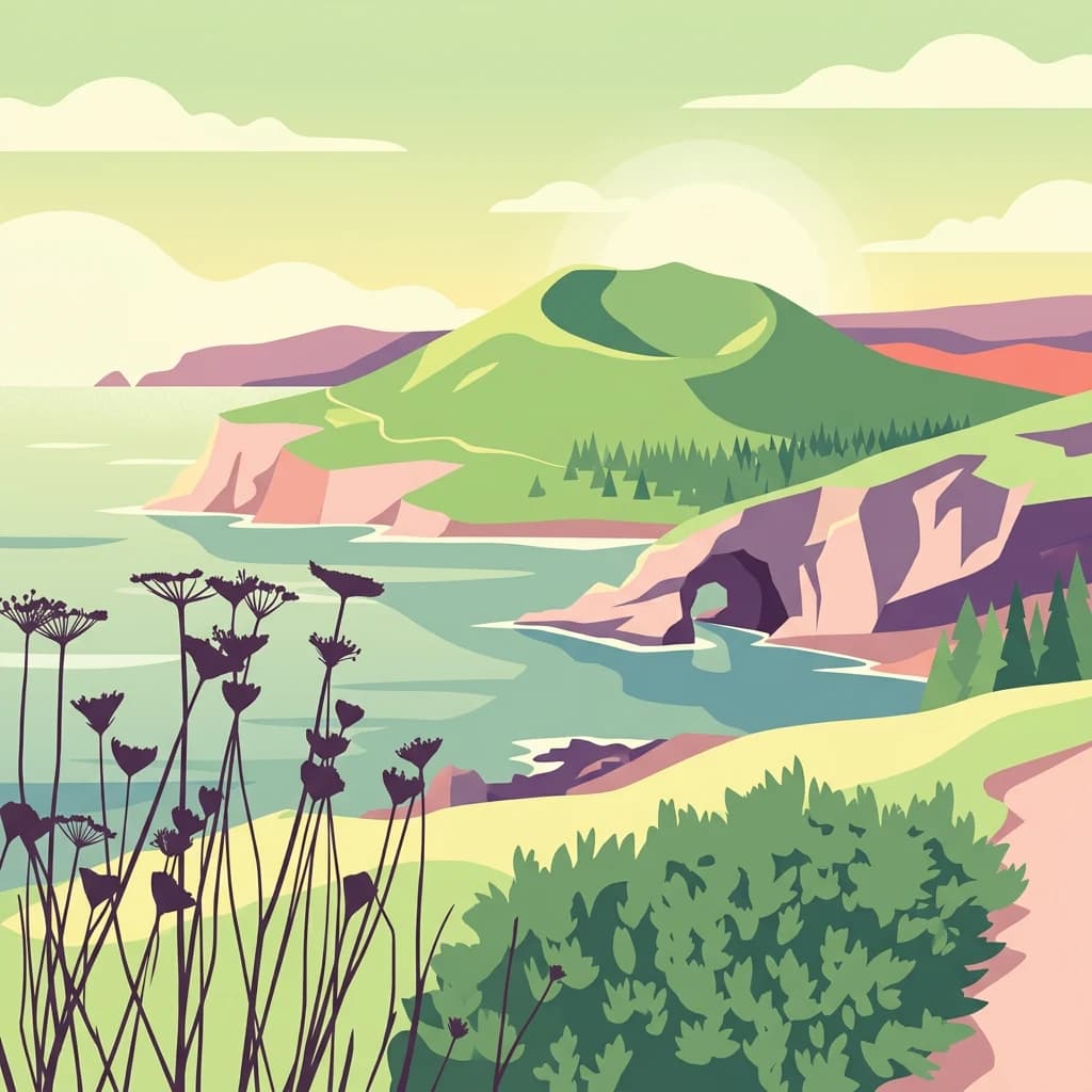 Illustration of Pantelleria National Park featuring coastal cliffs, a sea arch, turquoise water, and vegetation with a green volcanic hill in the background under a partly cloudy sky