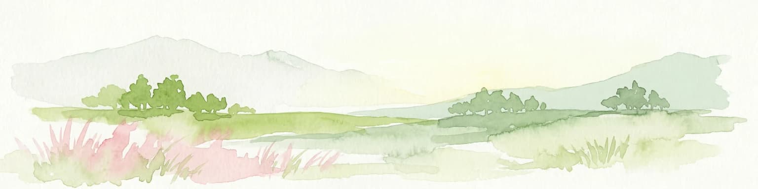 Watercolor painting of a landscape with rolling hills, pink wildflowers, and scattered trees