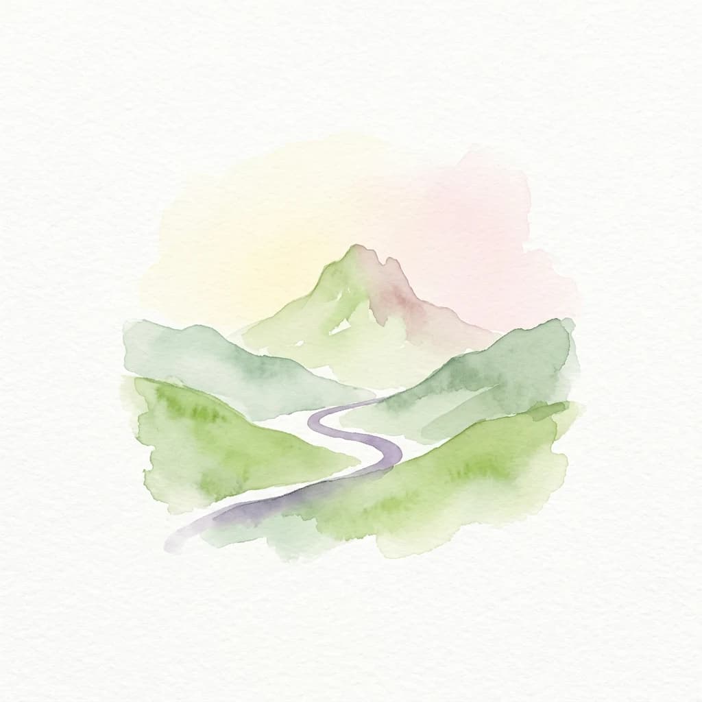 Watercolor illustration of a mountain landscape with green hills, a winding path, and a pastel sky