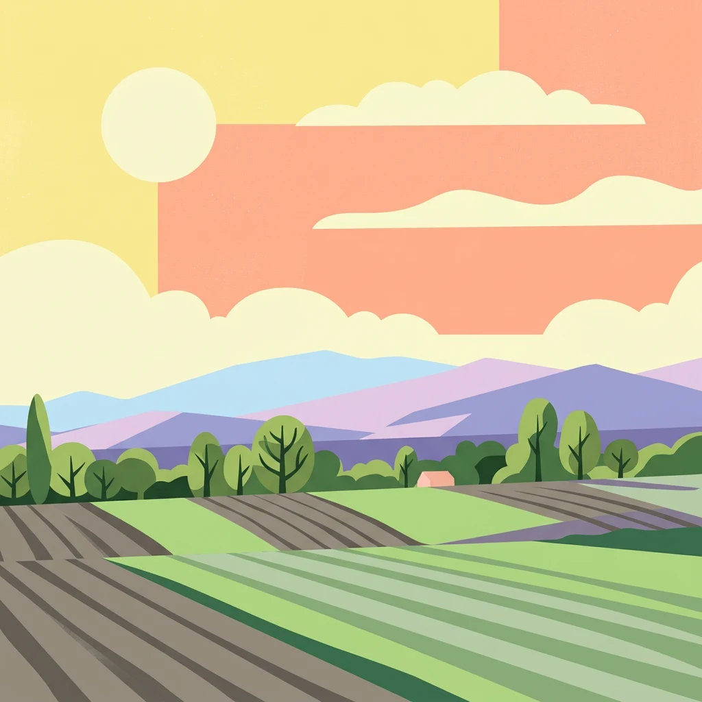 Illustration showing layered mountains, fields, and trees under a sunlit sky with a large sun and clouds