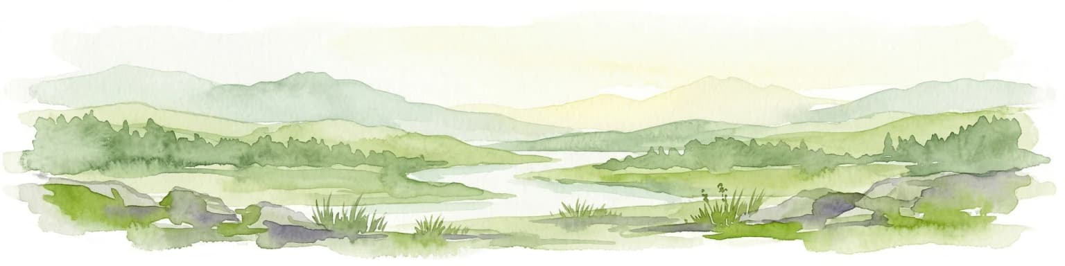 Watercolor painting of a mountain landscape featuring a river, hills, and vegetation