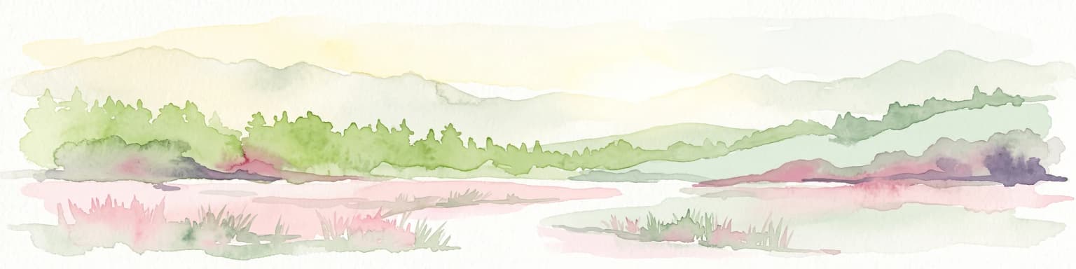 A soft watercolor painting of a coastal landscape with rolling hills, distant mountains, and green vegetation against a light sky.