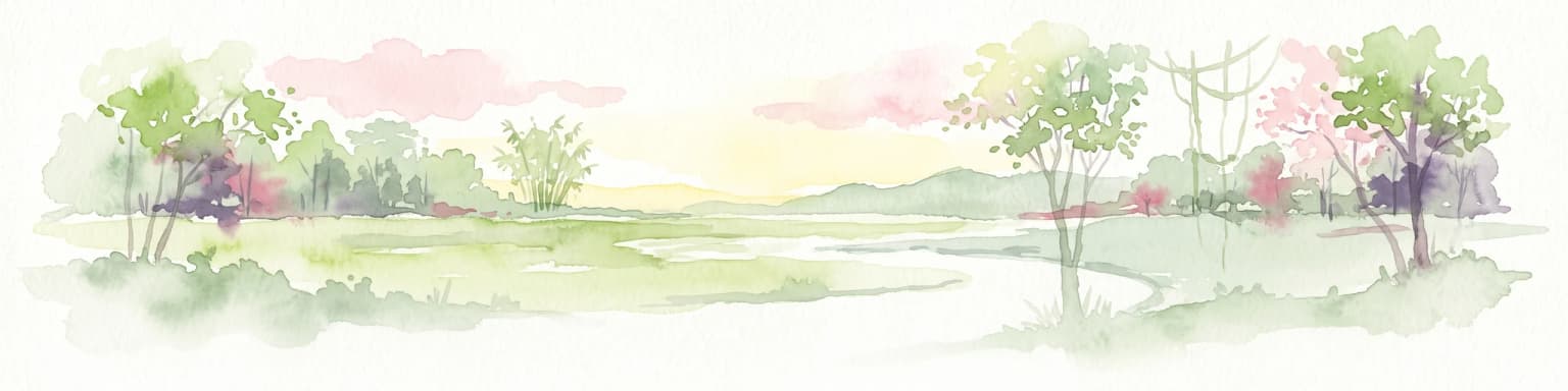Una pintura horizontal en acuarela que muestra un paisaje verde con árboles, un arroyo serpenteante y colinas onduladas al fondo contra un cielo suave y luminoso.