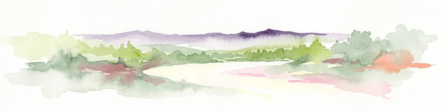 Ilustración en acuarela que representa un paisaje sereno con un río serpenteando a través de la sabana y colinas lejanas de tonos púrpura.