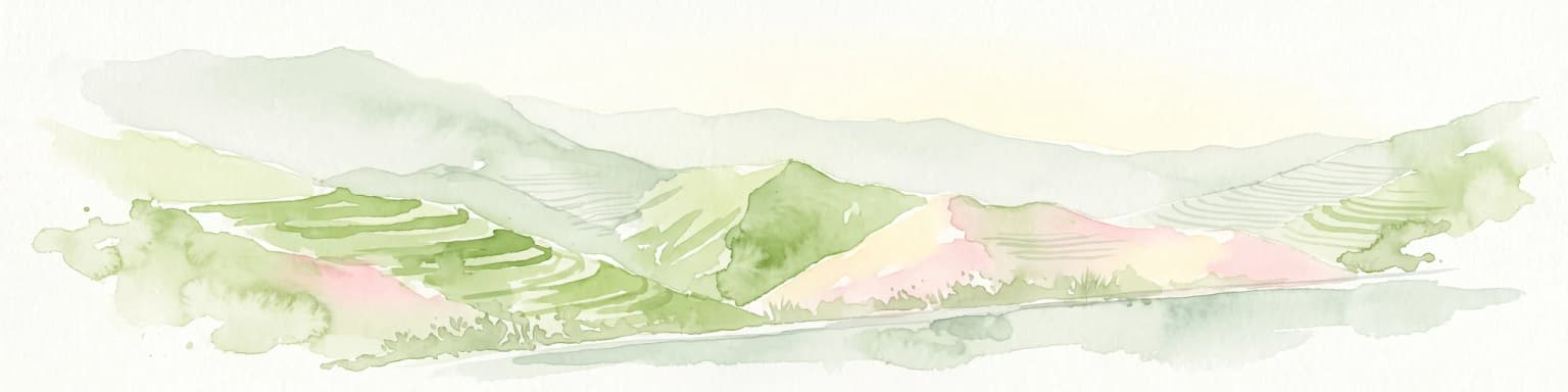 Watercolor painting of hilly, terraced green mountains and ridges in soft pastel tones.